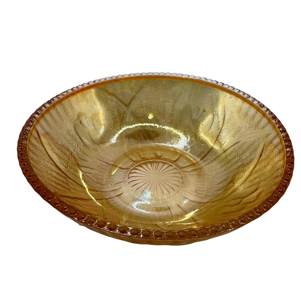 Jeanette Glass Iris and Herringbone Marigold Carnival Glass Iridescent Bowl 4.5"